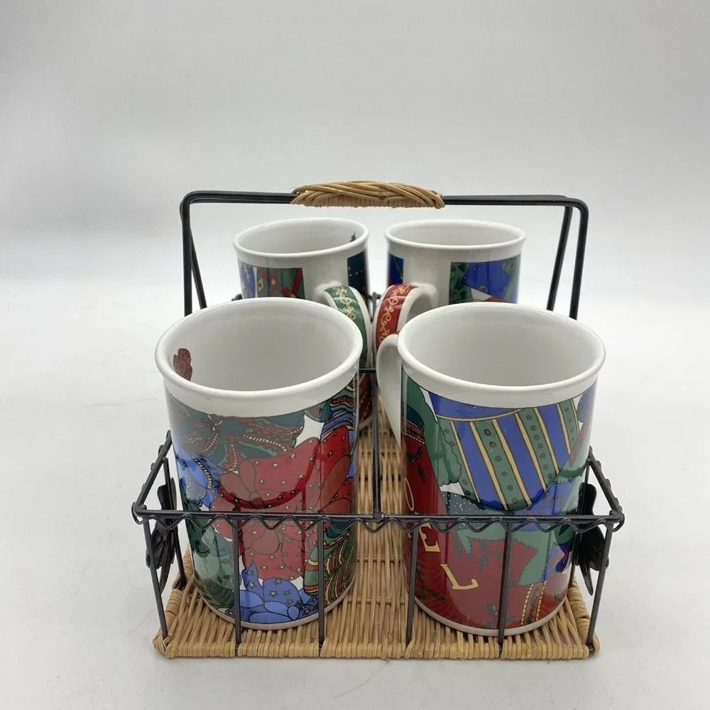 VTG 90s Christmas Porcelain Mug Set of 4 Metal Wicker Caddy‎ Holiday Festive Y2K